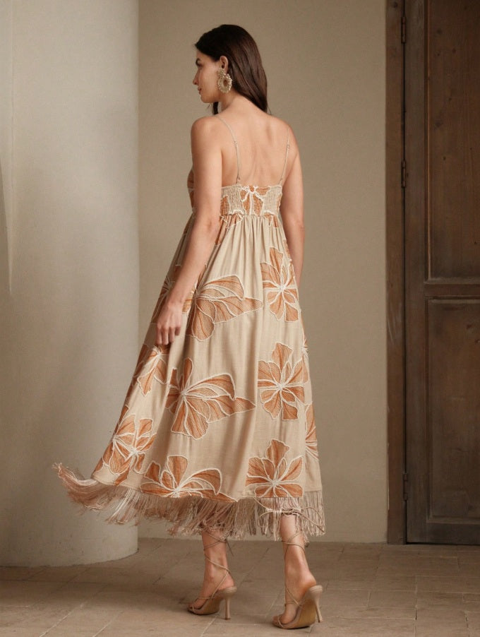 Vestido largo albaricoque con bordado cuerda y flecos