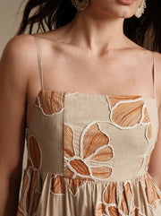 Vestido largo albaricoque con bordado cuerda y flecos