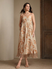 Vestido largo albaricoque con bordado cuerda y flecos