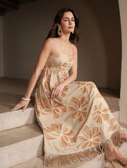Vestido largo albaricoque con bordado cuerda y flecos