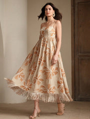 Vestido largo albaricoque con bordado cuerda y flecos