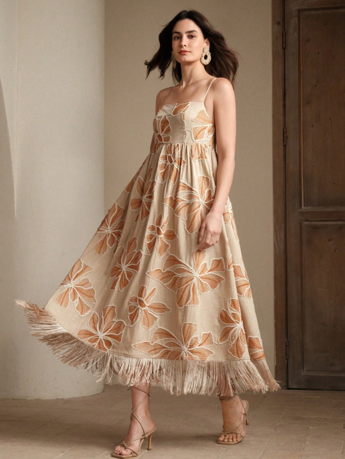 Vestido largo albaricoque con bordado cuerda y flecos