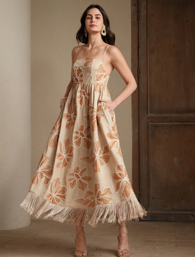 Vestido largo albaricoque con bordado cuerda y flecos