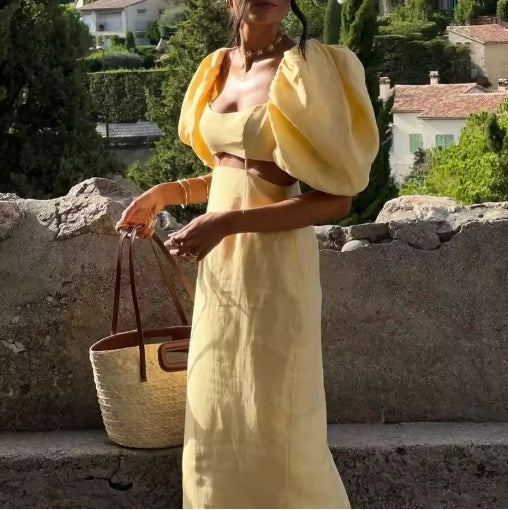 Vestido largo dos piezas de mangas abullonadas