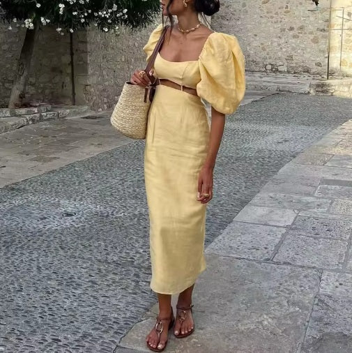 Vestido largo dos piezas de mangas abullonadas
